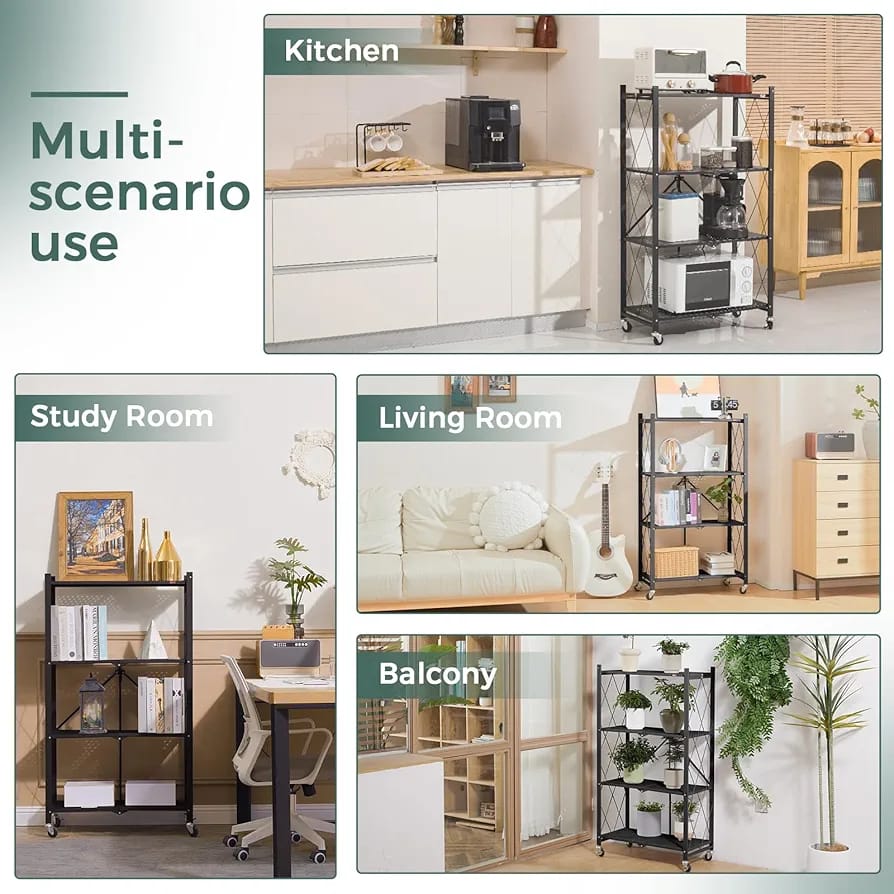 4-Tier Foldable Storage Rack with Wheels – Heavy Duty Metal Shelving Unit for Kitchen, Garage & Home Storage