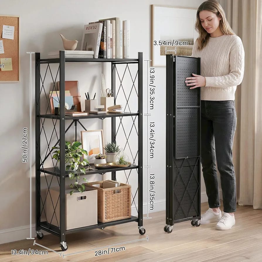 4-Tier Foldable Storage Rack with Wheels – Heavy Duty Metal Shelving Unit for Kitchen, Garage & Home Storage