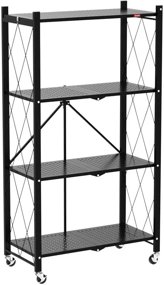 4-Tier Foldable Storage Rack with Wheels – Heavy Duty Metal Shelving Unit for Kitchen, Garage & Home Storage