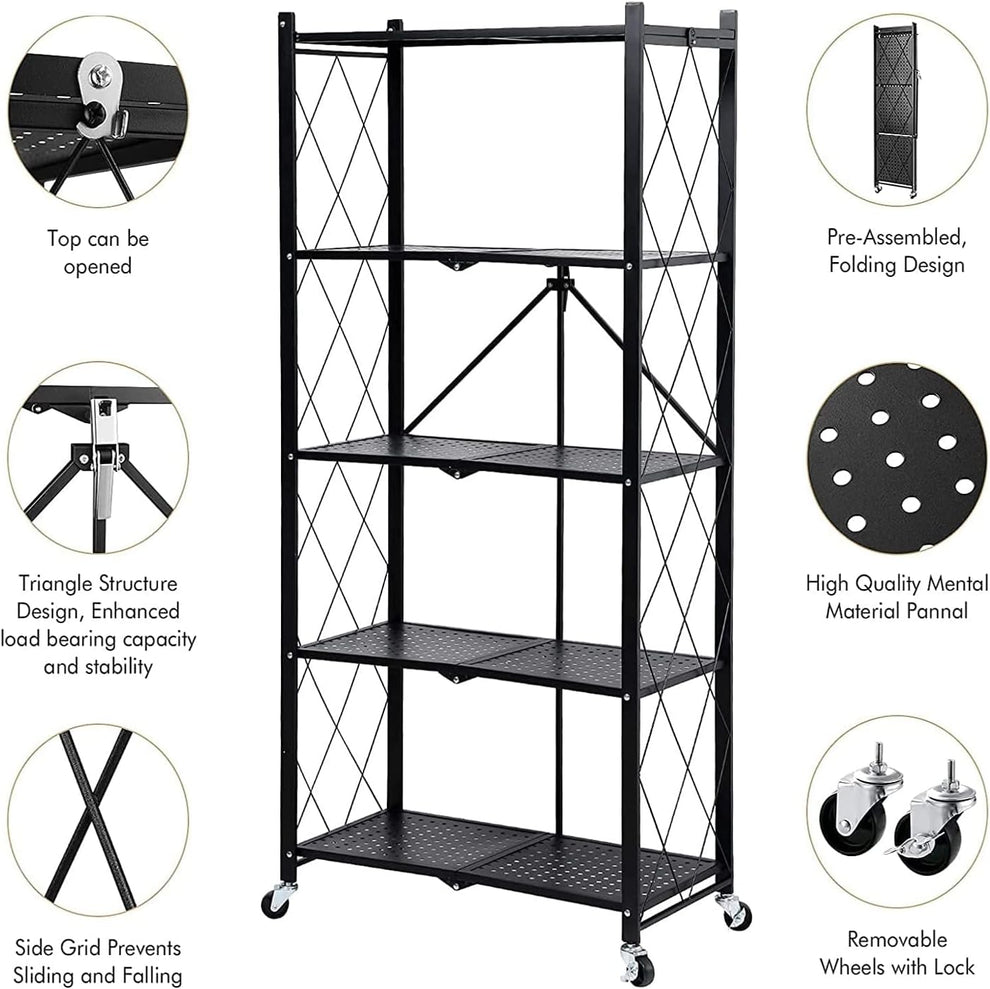5-Tier Heavy Duty Foldable Storage Rack with Lockable Wheels – Pre-Assembled Metal Shelving Unit for Kitchen, Garage & Home