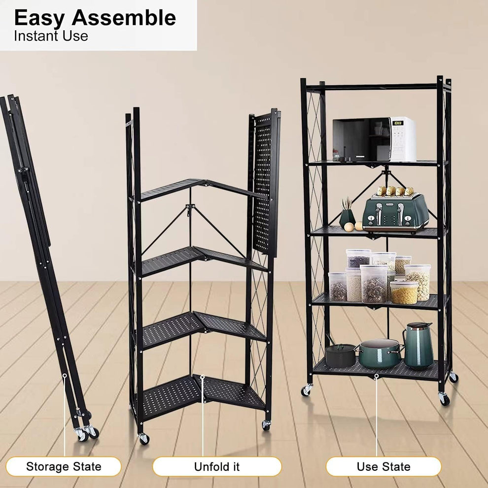 5-Tier Heavy Duty Foldable Storage Rack with Lockable Wheels – Pre-Assembled Metal Shelving Unit for Kitchen, Garage & Home