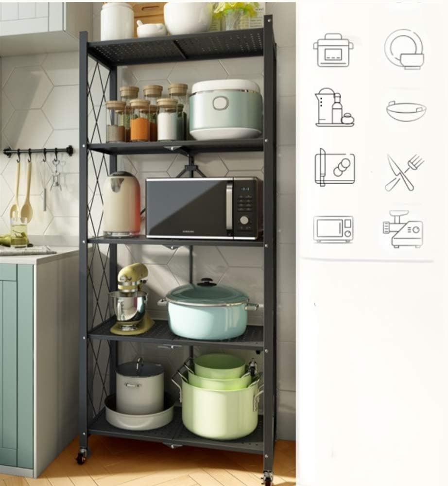 5-Tier Heavy Duty Foldable Storage Rack with Lockable Wheels – Pre-Assembled Metal Shelving Unit for Kitchen, Garage & Home
