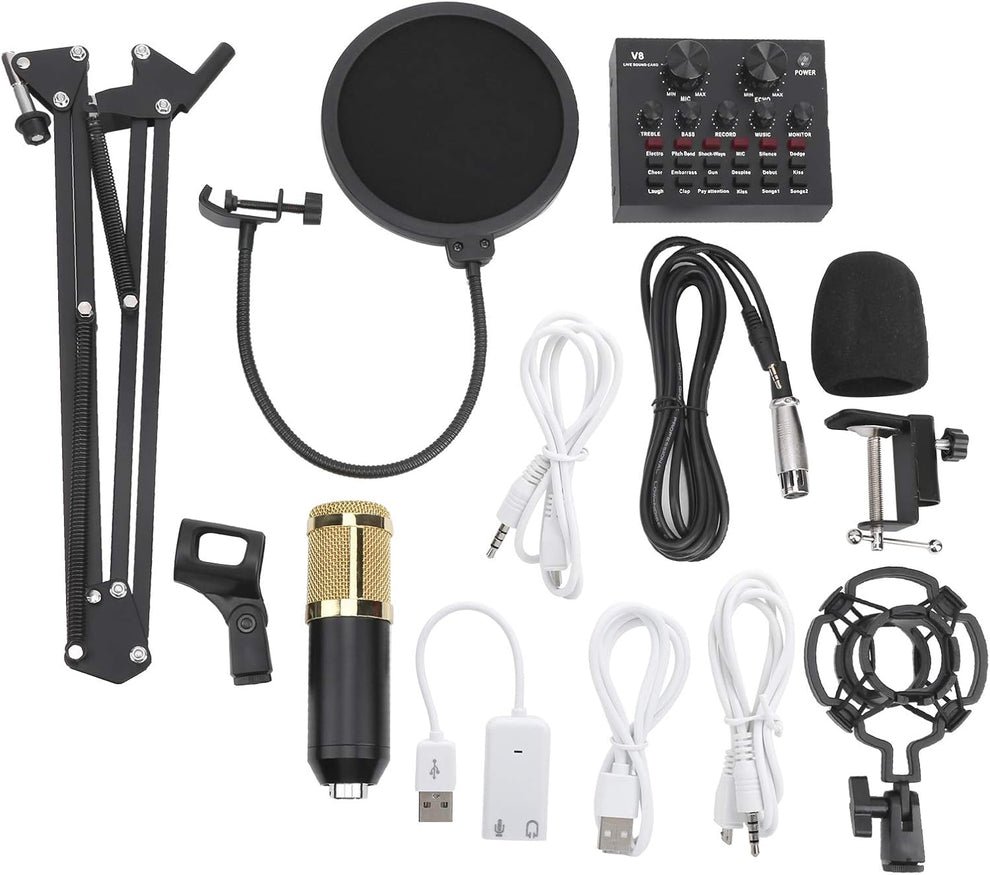 BM-800 Condenser Microphone Kit with V8 Sound Card, Boom Arm & Pop Filter