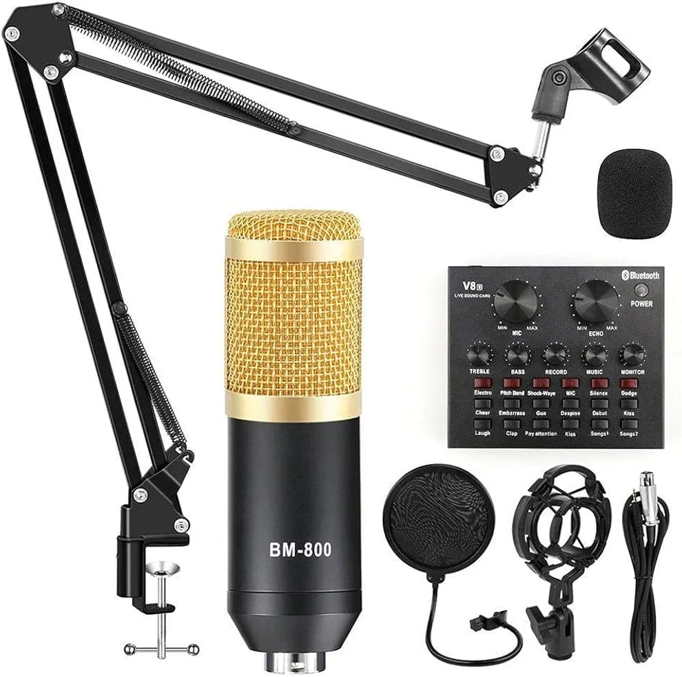 BM-800 Condenser Microphone Kit with V8 Sound Card, Boom Arm & Pop Filter