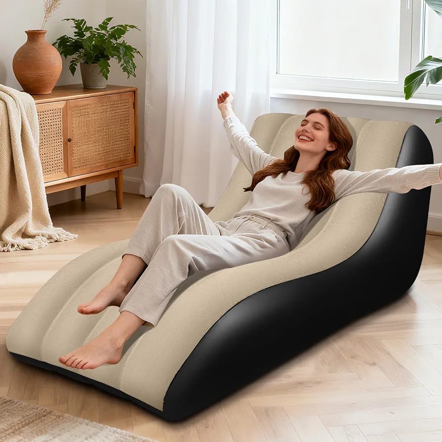 Inflatable Lounge Chair 155cm – Flocked Wave Sofa with Air Pump, Skin-Friendly PVC Indoor/Outdoor
