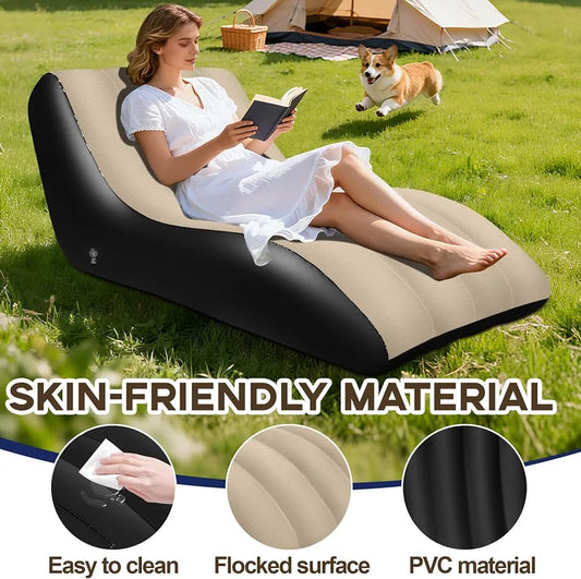 Inflatable Lounge Chair 155cm – Flocked Wave Sofa with Air Pump, Skin-Friendly PVC Indoor/Outdoor