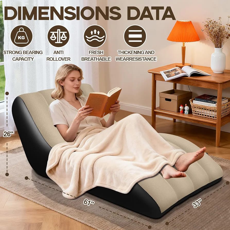 Inflatable Lounge Chair 155cm – Flocked Wave Sofa with Air Pump, Skin-Friendly PVC Indoor/Outdoor