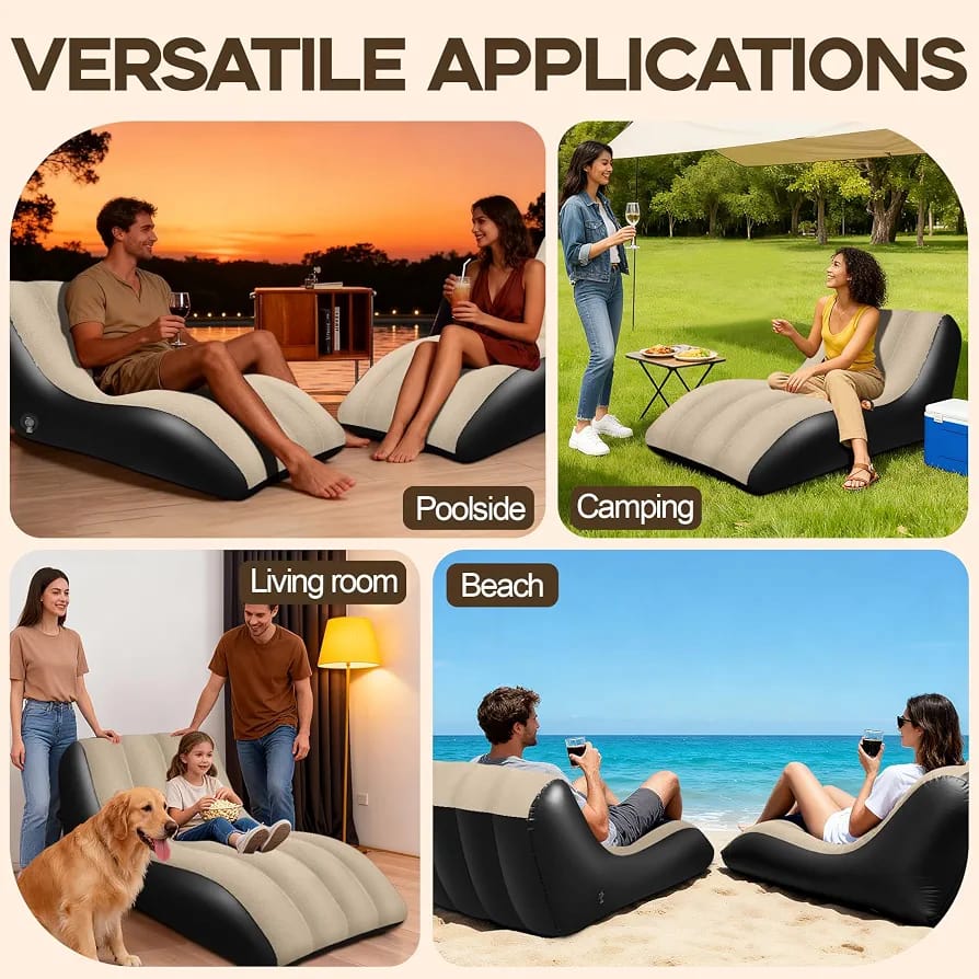 Inflatable Lounge Chair 155cm – Flocked Wave Sofa with Air Pump, Skin-Friendly PVC Indoor/Outdoor