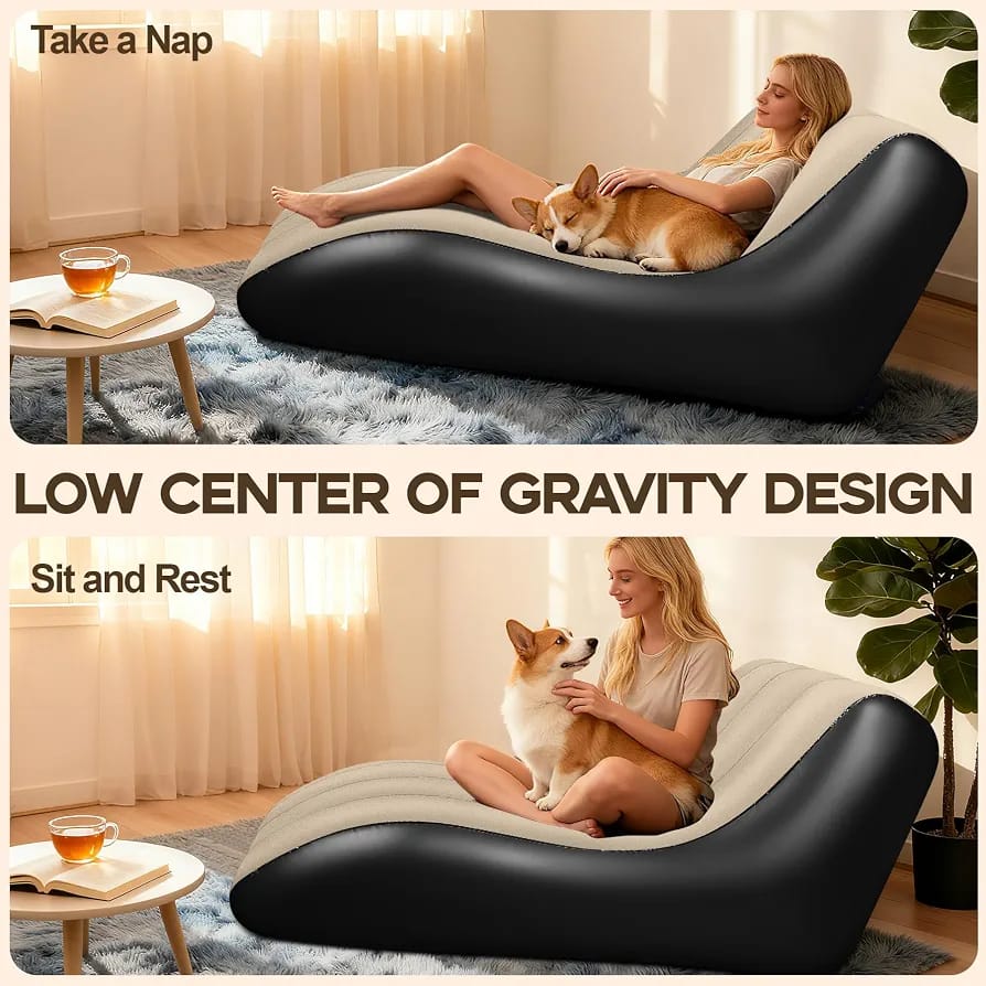 Inflatable Lounge Chair 155cm – Flocked Wave Sofa with Air Pump, Skin-Friendly PVC Indoor/Outdoor