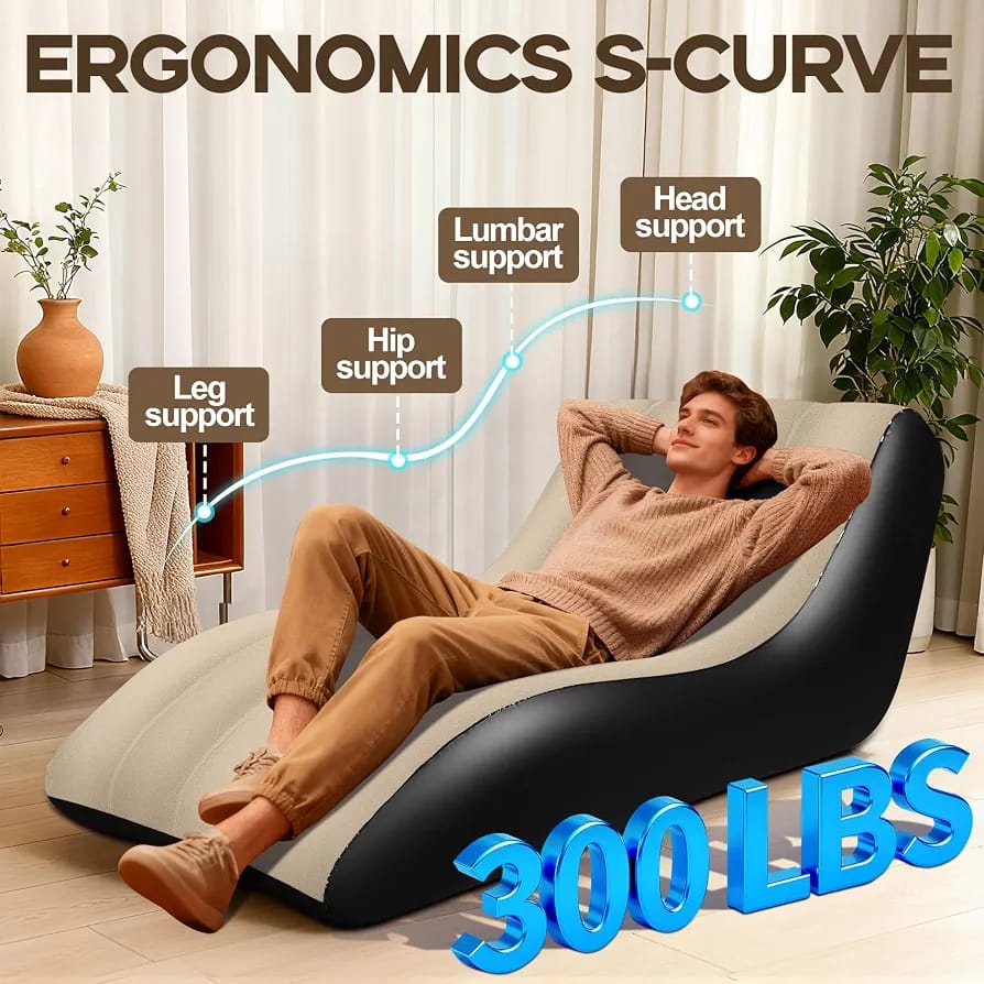 Inflatable Lounge Chair 155cm – Flocked Wave Sofa with Air Pump, Skin-Friendly PVC Indoor/Outdoor