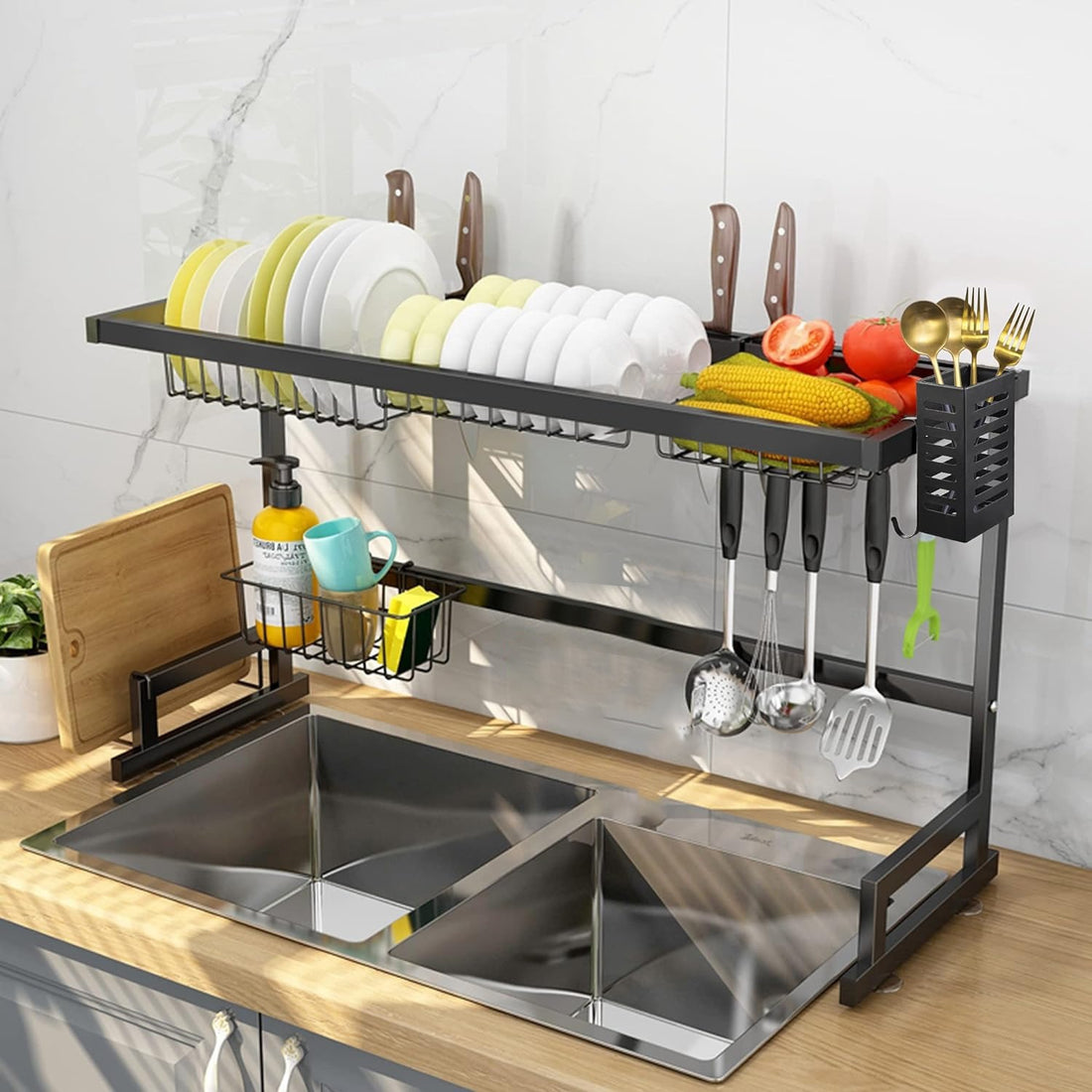 2-Tier Kitchen Storage Rack with 2 Wire Baskets – Freestanding Kitchen Organizer Shelf