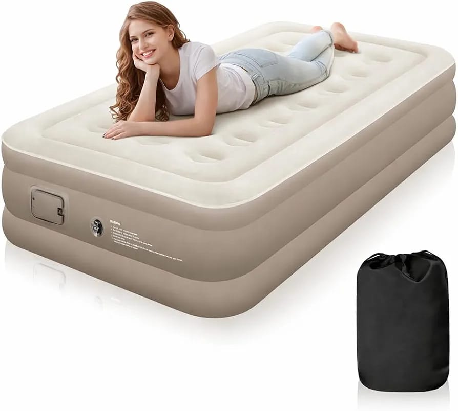 Inflatable Air Bed Single Size with Built-In Electric Pump – Raised Air Mattress, 198x100x40cm, Camping & Guest Bed