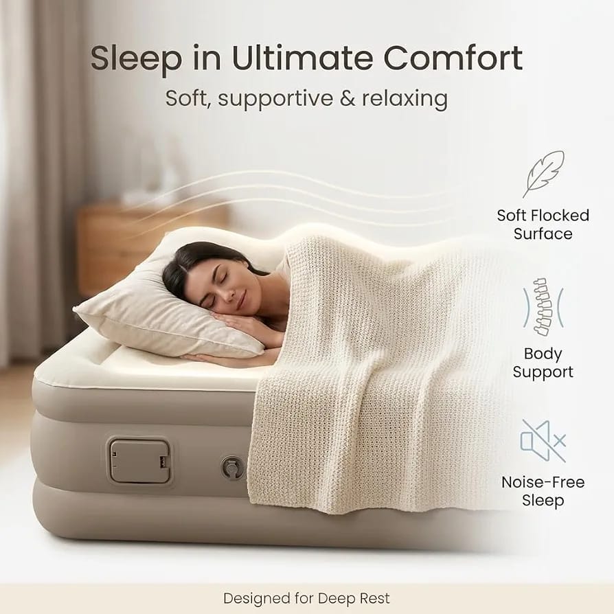Inflatable Air Bed Single Size with Built-In Electric Pump – Raised Air Mattress, 198x100x40cm, Camping & Guest Bed