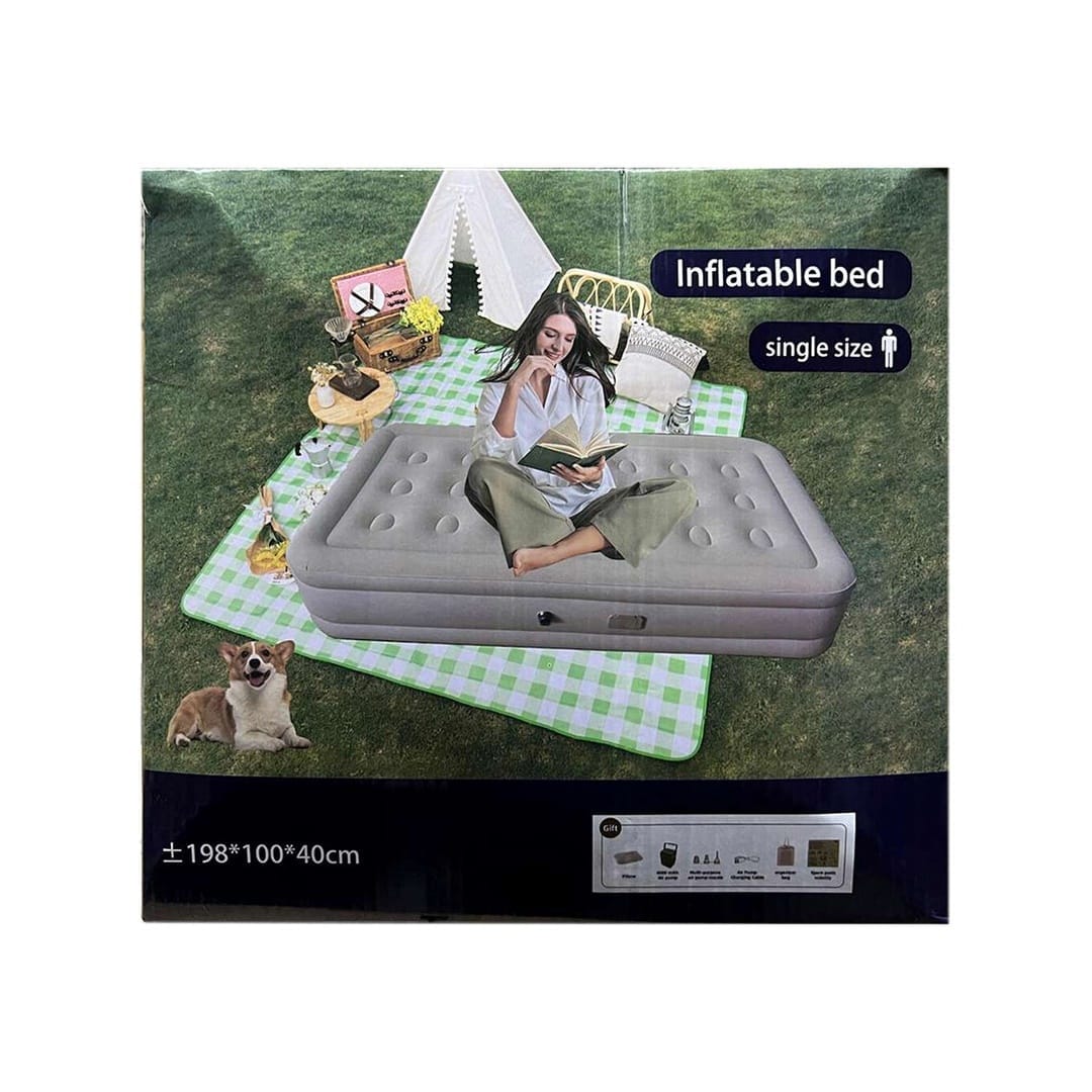 Inflatable Air Bed Single Size with Built-In Electric Pump – Raised Air Mattress, 198x100x40cm, Camping & Guest Bed