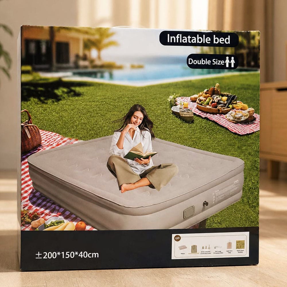 Inflatable Air Bed Double Size with Built-In Electric Pump – Raised Air Mattress, 200x150x40cm, Camping & Guest Bed