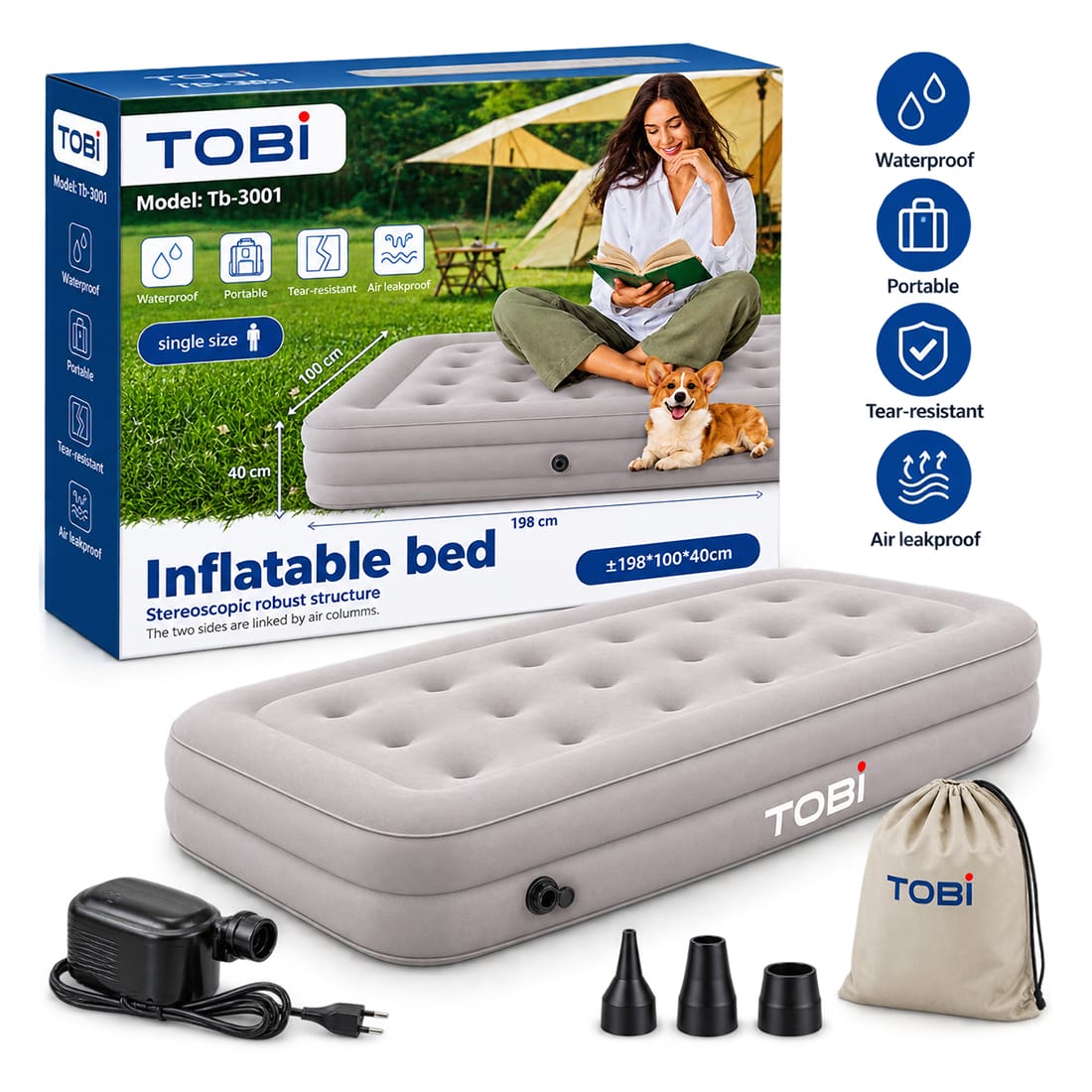 TOBI Tb-3001 Inflatable Air Bed Single Size – Waterproof, Tear-Resistant Air Mattress with Electric Pump, 198x100x40cm