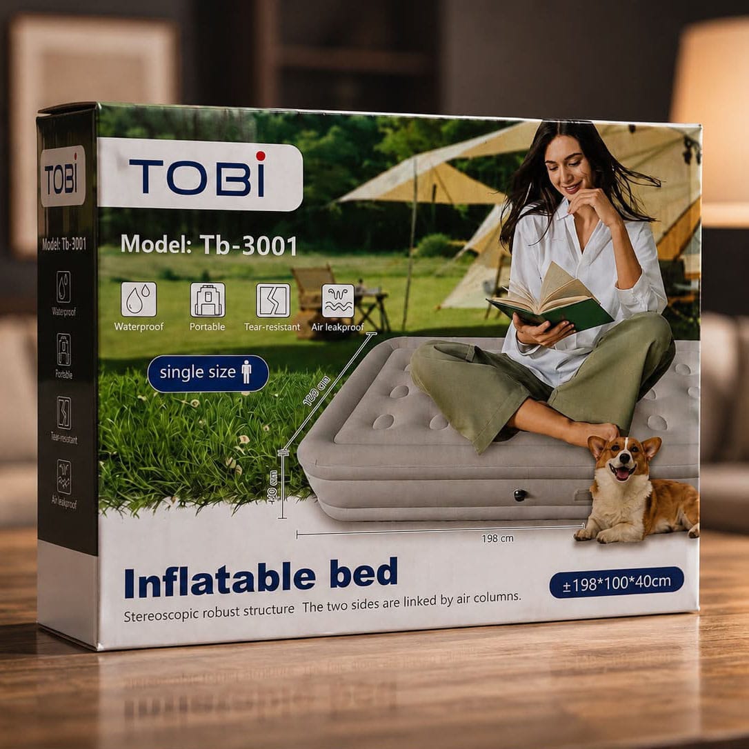 TOBI Tb-3001 Inflatable Air Bed Single Size – Waterproof, Tear-Resistant Air Mattress with Electric Pump, 198x100x40cm