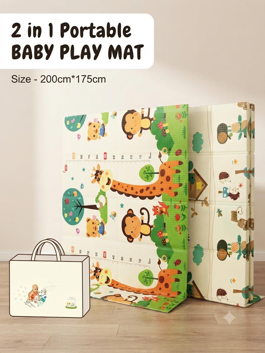 2-in-1 Portable Baby Play Mat – Foldable Double-Sided Crawling & Activity Mat with Carry Bag, 200 × 175 cm
