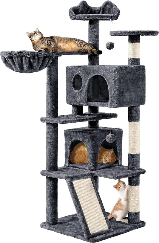 Dark Grey Cat Tree Tower 145cm – Multi-Level Cat Condo with 2 Caves, Basket Bed & Scratching Posts