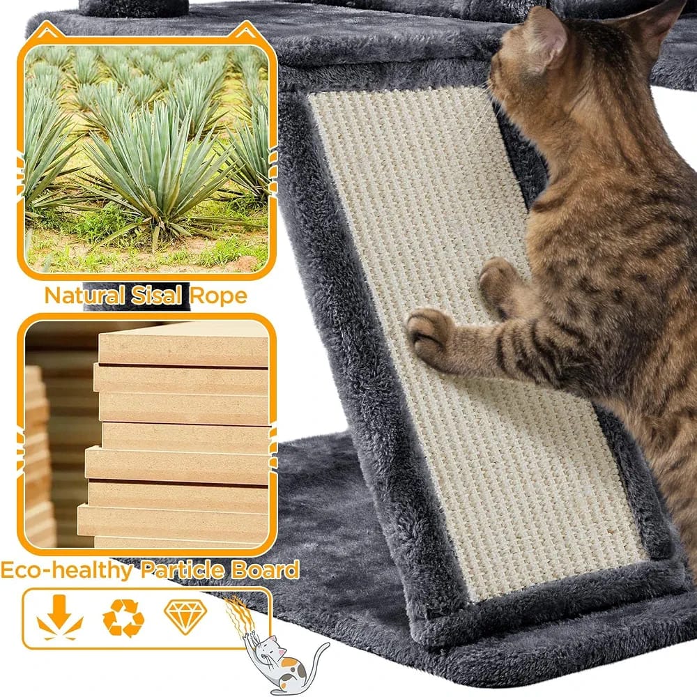 Dark Grey Cat Tree Tower 145cm – Multi-Level Cat Condo with 2 Caves, Basket Bed & Scratching Posts