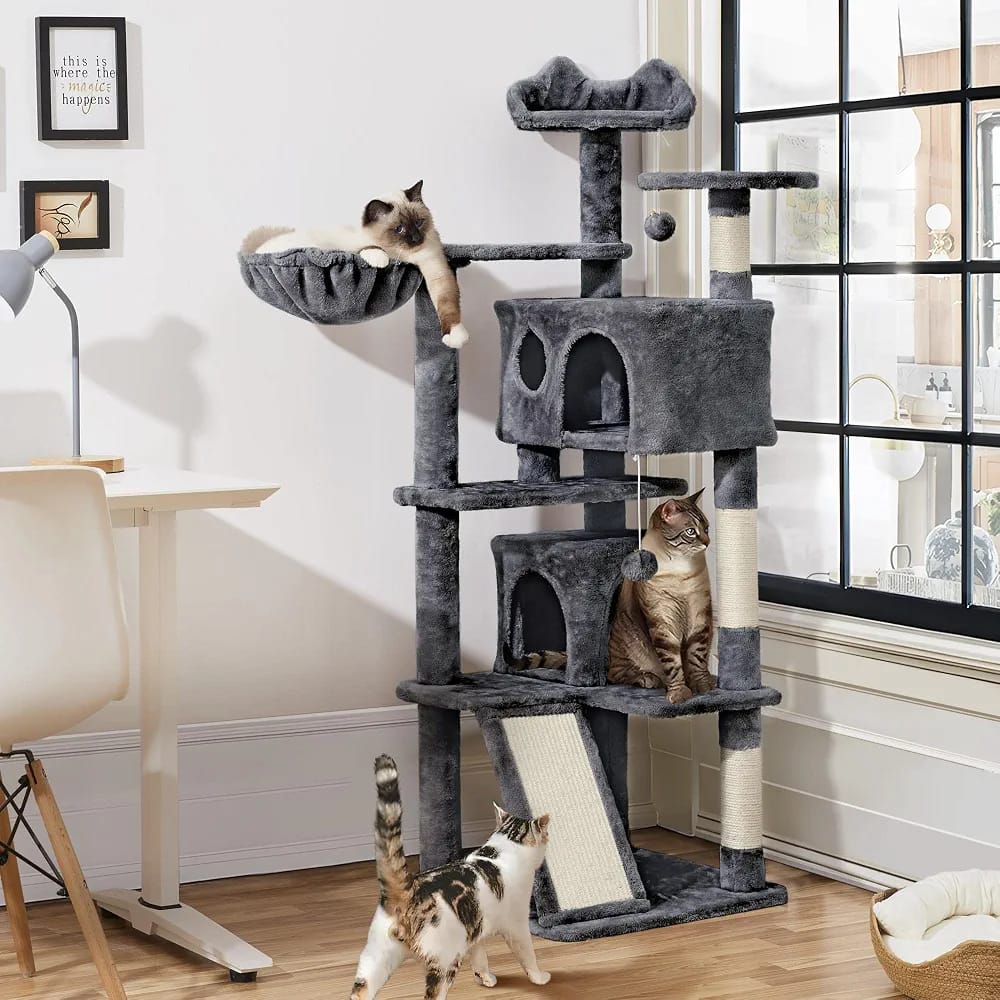 Dark Grey Cat Tree Tower 145cm – Multi-Level Cat Condo with 2 Caves, Basket Bed & Scratching Posts