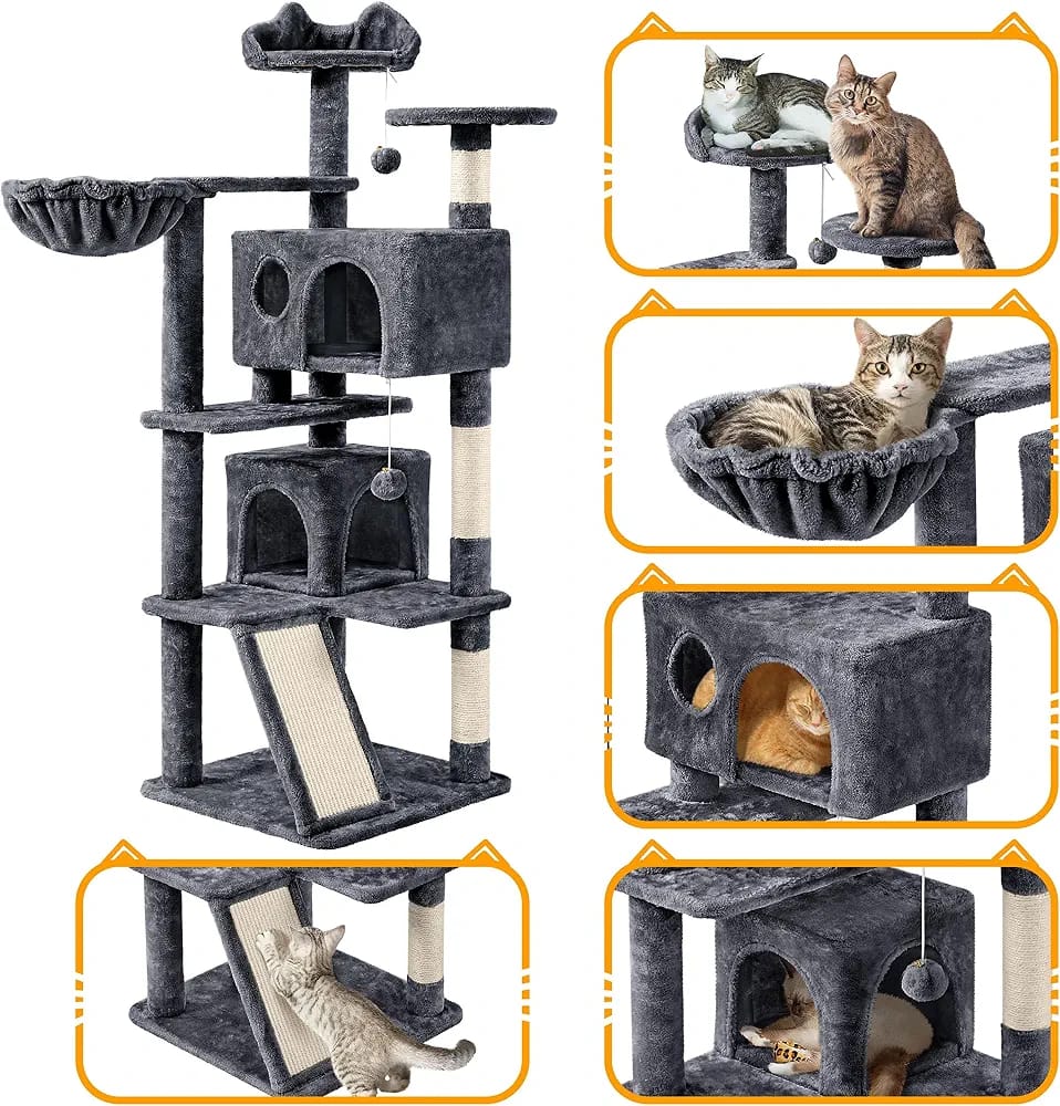 Dark Grey Cat Tree Tower 145cm – Multi-Level Cat Condo with 2 Caves, Basket Bed & Scratching Posts
