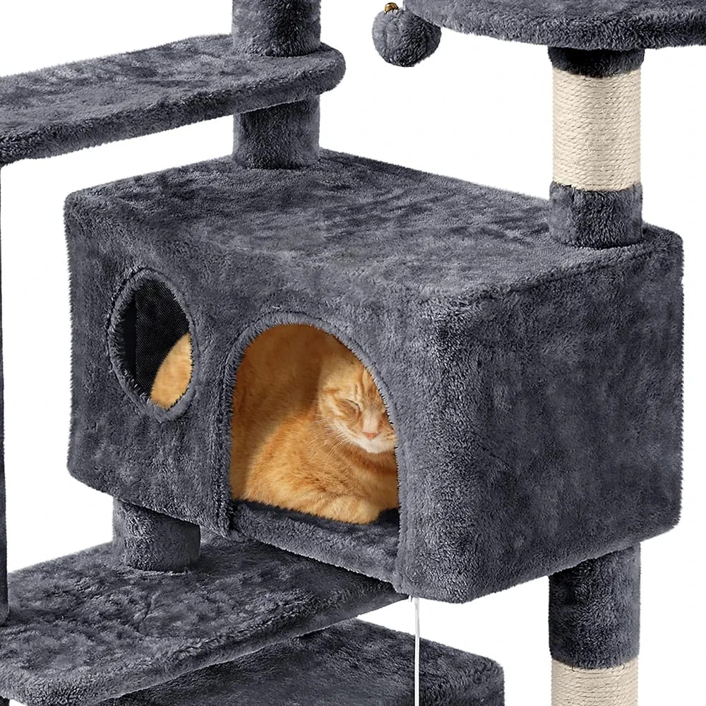 Dark Grey Cat Tree Tower 145cm – Multi-Level Cat Condo with 2 Caves, Basket Bed & Scratching Posts