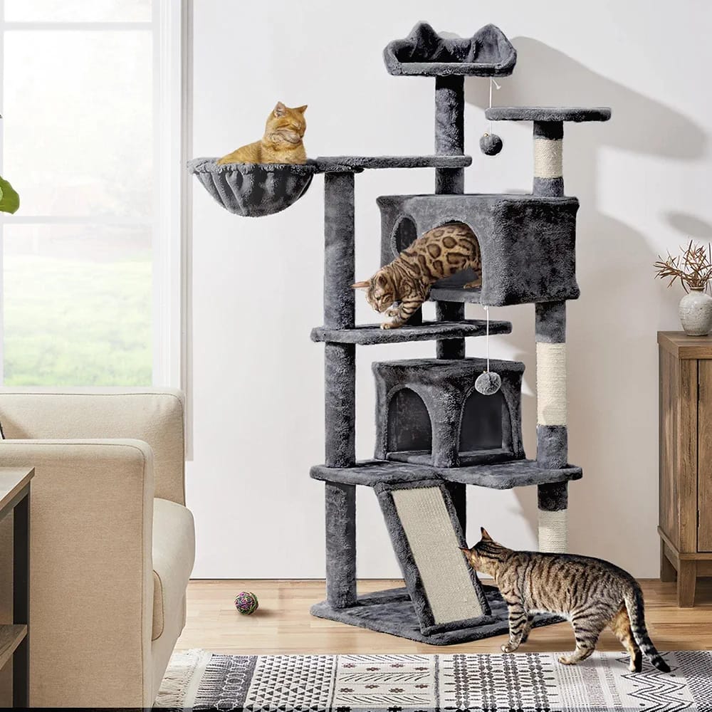 Dark Grey Cat Tree Tower 145cm – Multi-Level Cat Condo with 2 Caves, Basket Bed & Scratching Posts