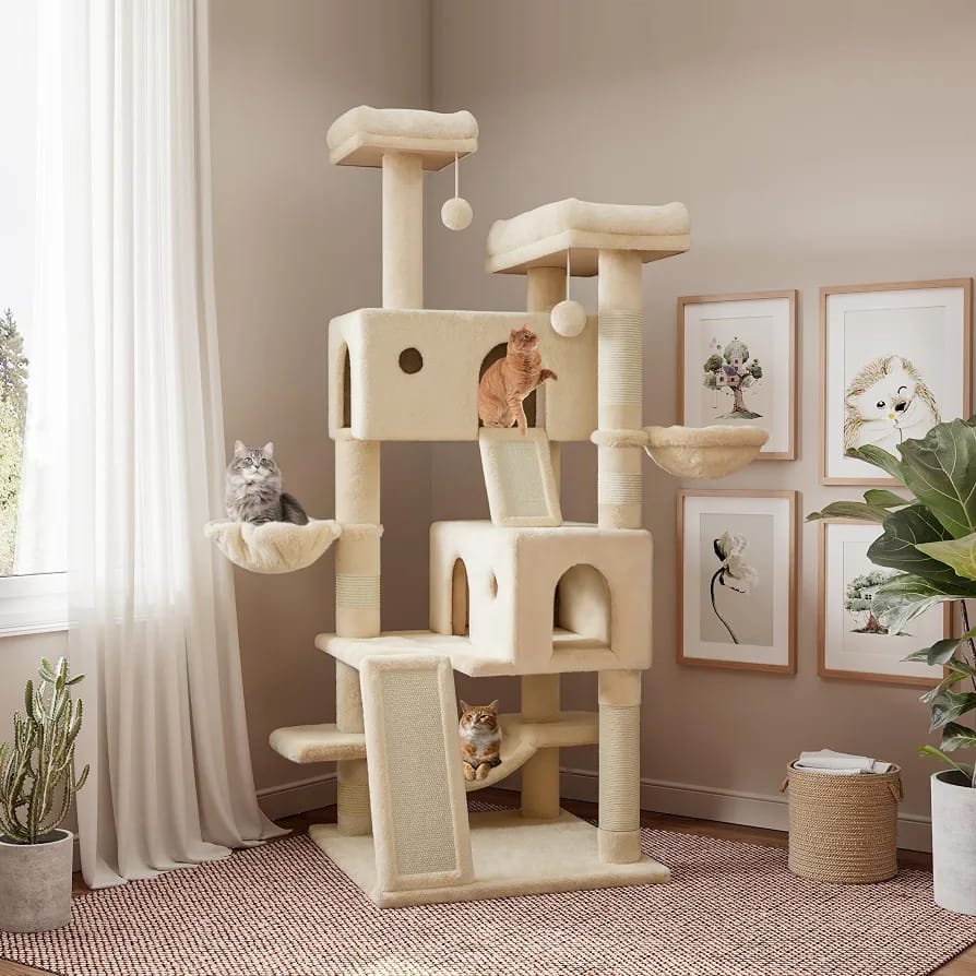 Beige Cat Tree Tower 166cm – Multi-Level Cat Condo with Hammock, Cave & Scratching Posts