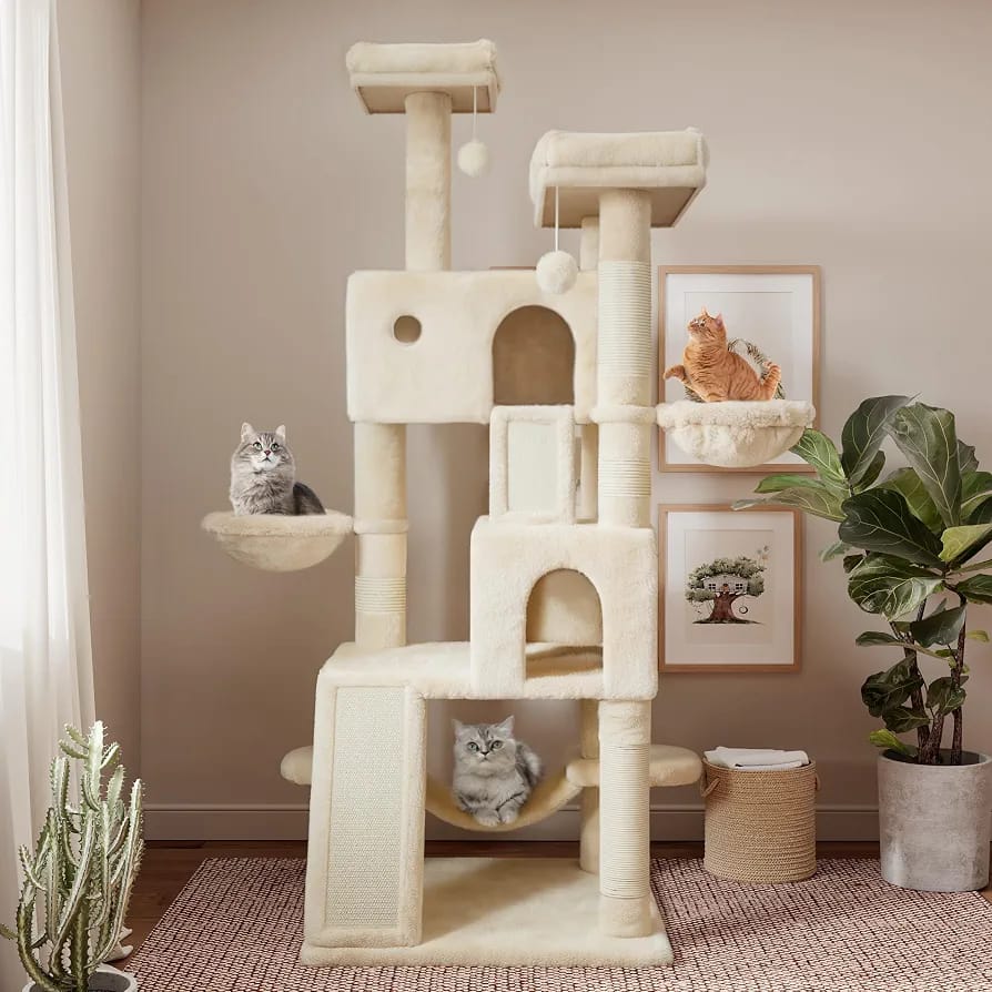 Beige Cat Tree Tower 166cm – Multi-Level Cat Condo with Hammock, Cave & Scratching Posts