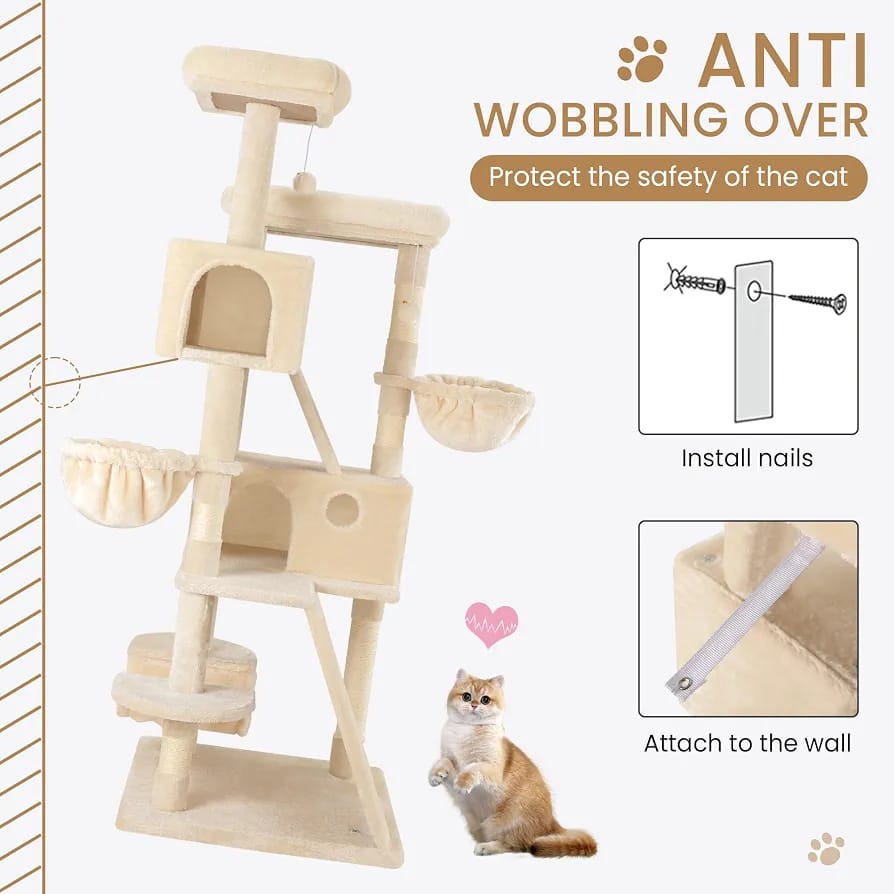 Beige Cat Tree Tower 166cm – Multi-Level Cat Condo with Hammock, Cave & Scratching Posts
