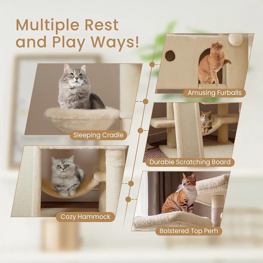 Beige Cat Tree Tower 166cm – Multi-Level Cat Condo with Hammock, Cave & Scratching Posts