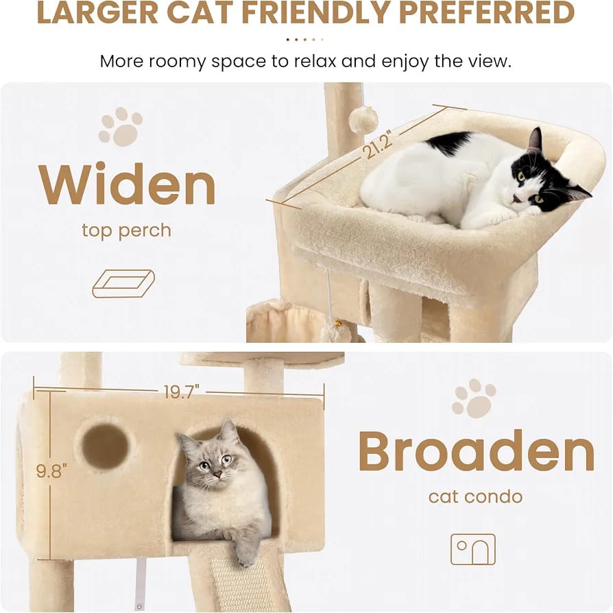 Beige Cat Tree Tower 166cm – Multi-Level Cat Condo with Hammock, Cave & Scratching Posts