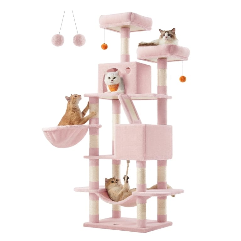 Luxury Pink Cat Tree Tower 206cm – Multi-Level Cat Condo with Hammock, Cave & Scratching Posts
