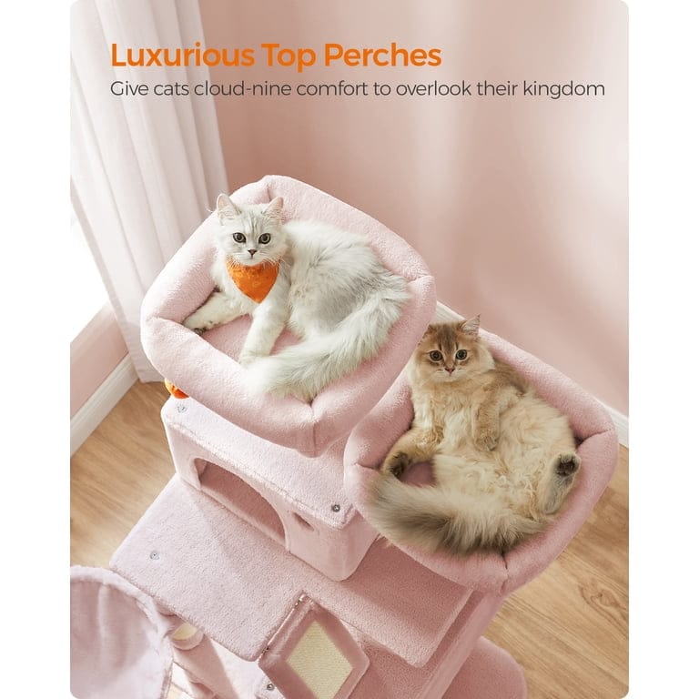 Luxury Pink Cat Tree Tower 206cm – Multi-Level Cat Condo with Hammock, Cave & Scratching Posts