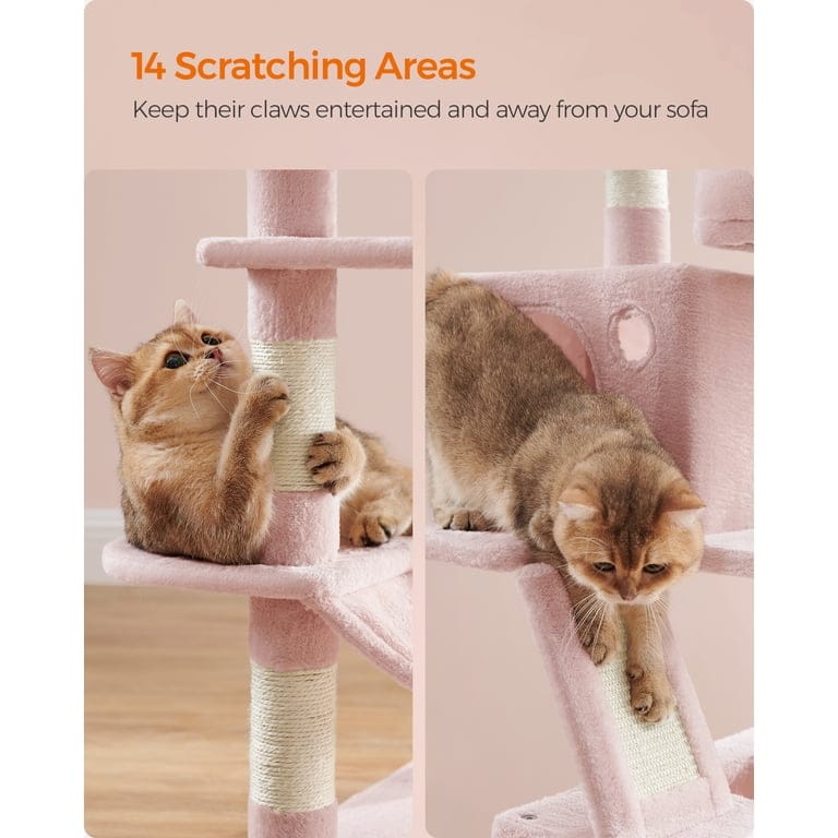 Luxury Pink Cat Tree Tower 206cm – Multi-Level Cat Condo with Hammock, Cave & Scratching Posts