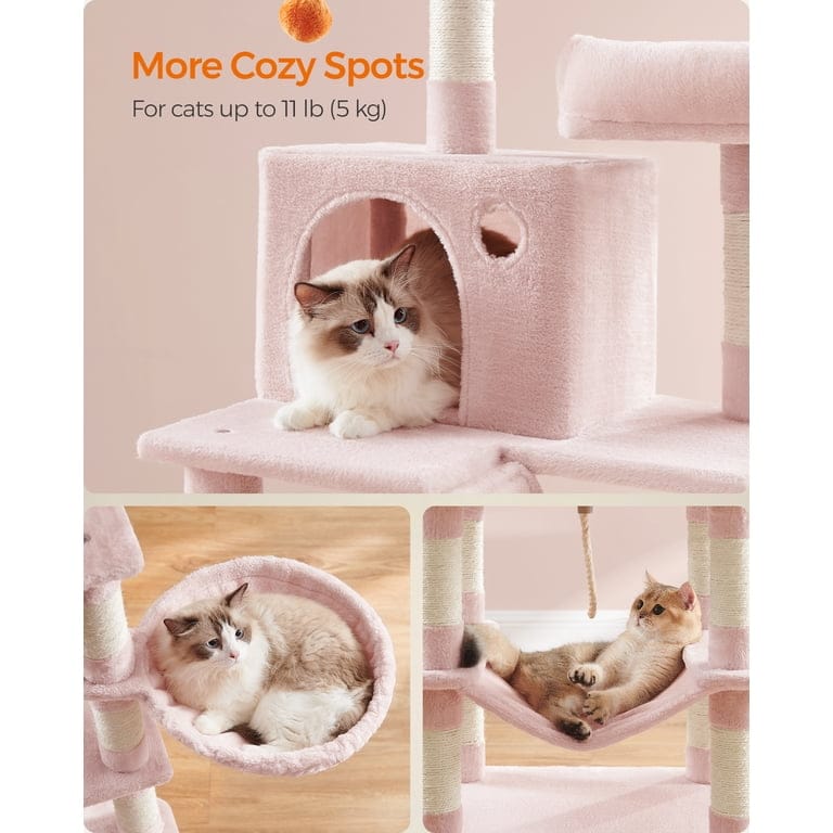 Luxury Pink Cat Tree Tower 206cm – Multi-Level Cat Condo with Hammock, Cave & Scratching Posts
