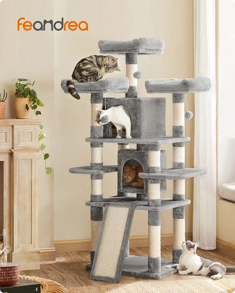 170cm Multi-Level Cat Tree Tower with Scratching Posts, 2 Cat Houses, Hammocks & Play Platforms