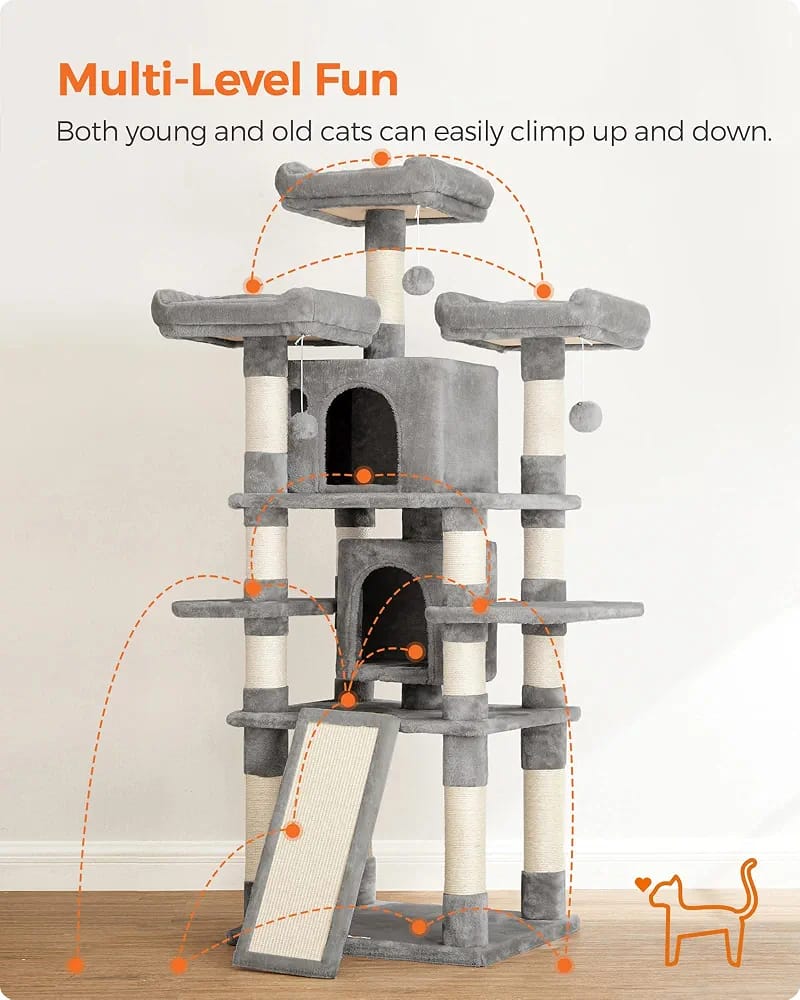 170cm Multi-Level Cat Tree Tower with Scratching Posts, 2 Cat Houses, Hammocks & Play Platforms