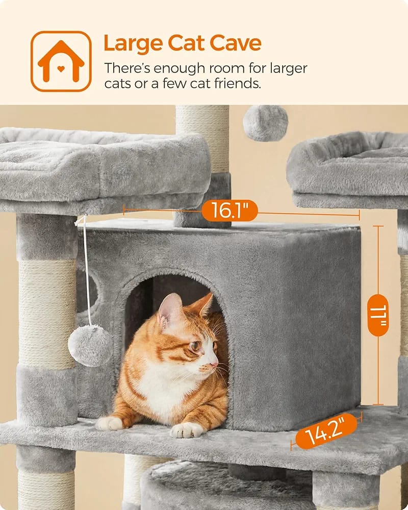 170cm Multi-Level Cat Tree Tower with Scratching Posts, 2 Cat Houses, Hammocks & Play Platforms