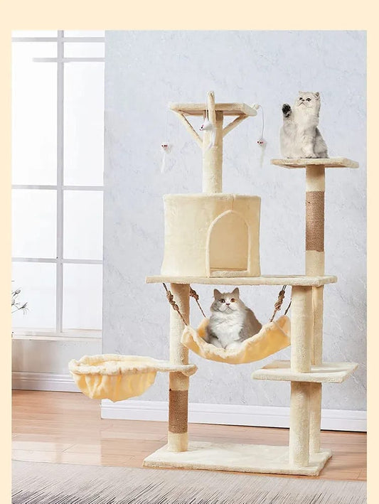 Cream Cat Tree Tower 125cm – Compact Cat Condo with Hammock, Basket Bed & Scratching Posts