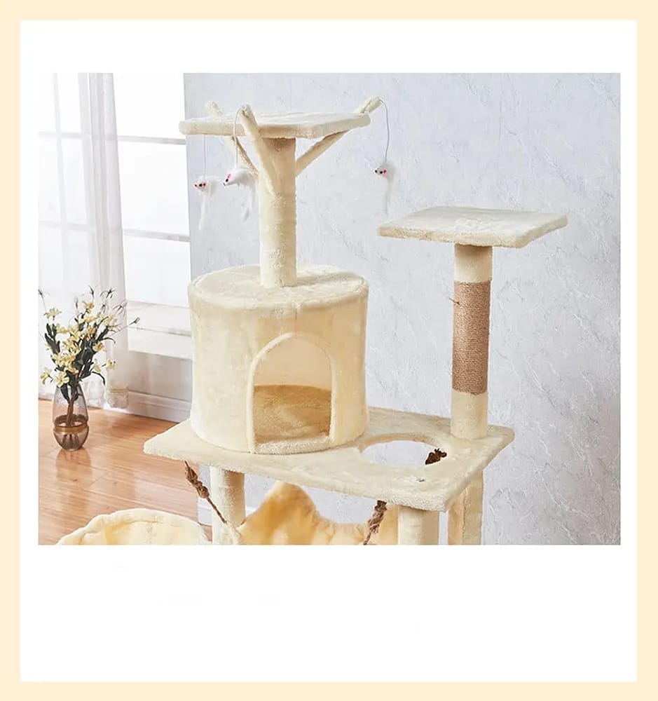 Cream Cat Tree Tower 125cm – Compact Cat Condo with Hammock, Basket Bed & Scratching Posts