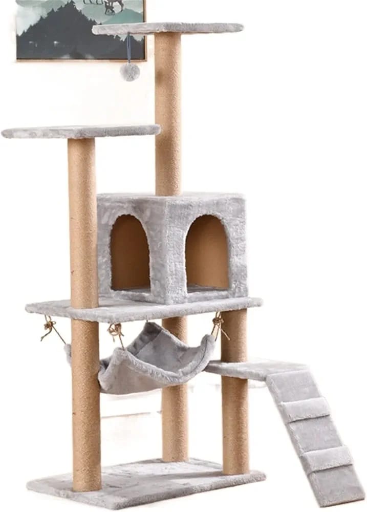 Grey Cat Tree Tower 125cm – Compact Cat Condo with Hammock, Ramp & Scratching Posts