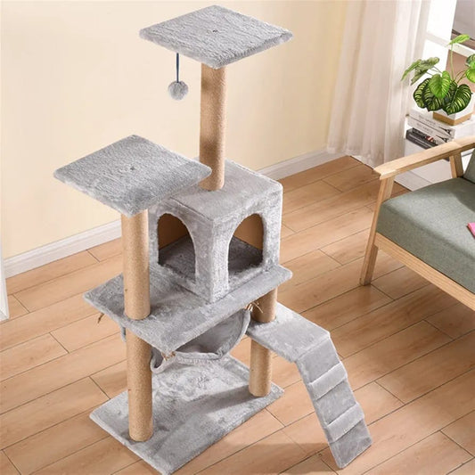 Grey Cat Tree Tower 125cm – Compact Cat Condo with Hammock, Ramp & Scratching Posts