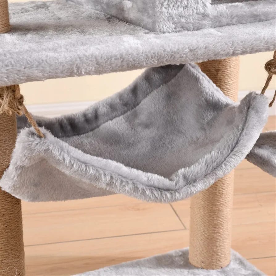 Grey Cat Tree Tower 125cm – Compact Cat Condo with Hammock, Ramp & Scratching Posts