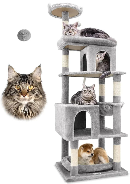 Grey Cat Tree Tower 182cm – Multi-Level Cat Condo with 2 Caves, Hammock & Scratching Posts