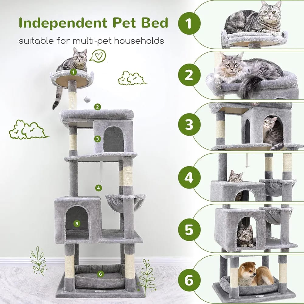 Grey Cat Tree Tower 182cm – Multi-Level Cat Condo with 2 Caves, Hammock & Scratching Posts