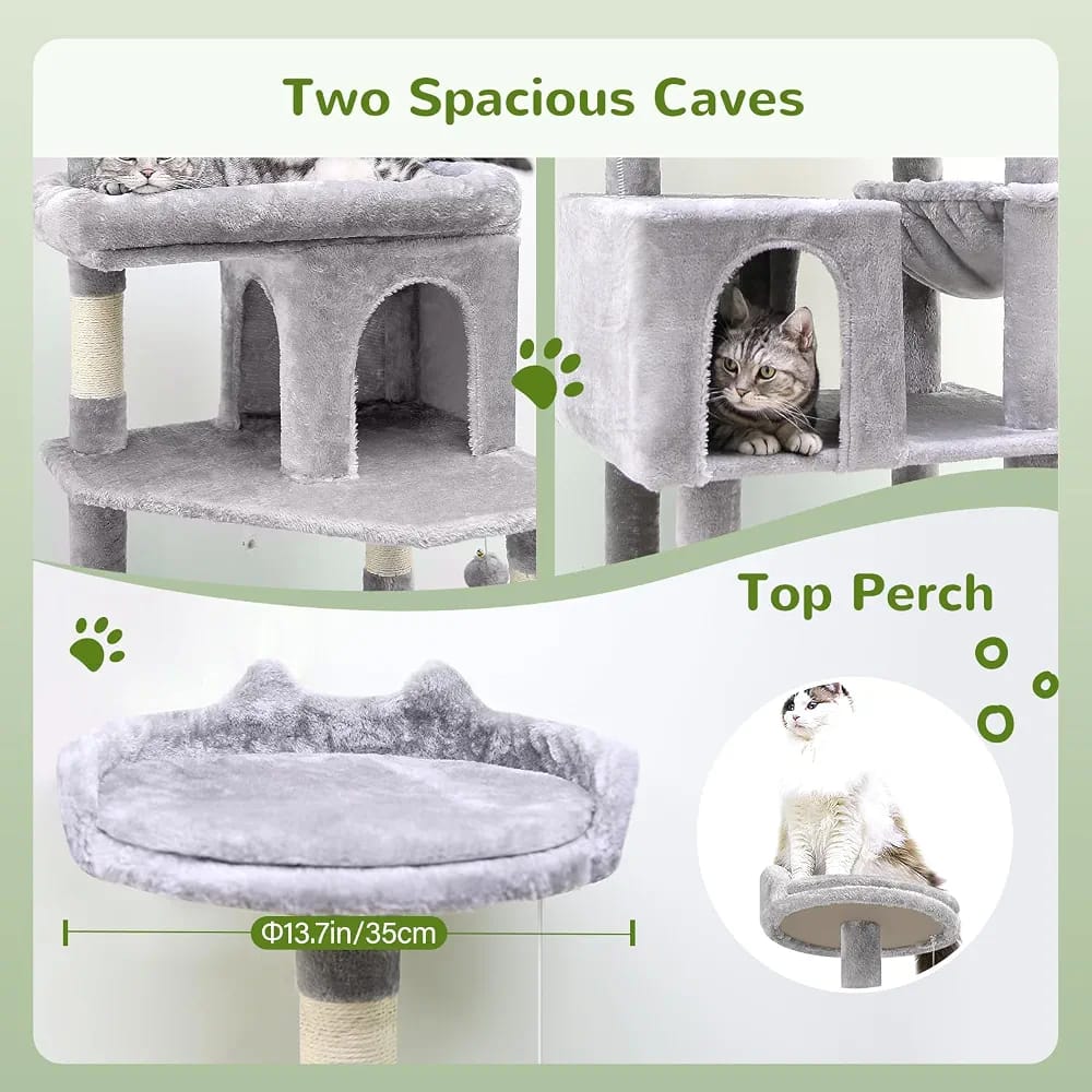 Grey Cat Tree Tower 182cm – Multi-Level Cat Condo with 2 Caves, Hammock & Scratching Posts