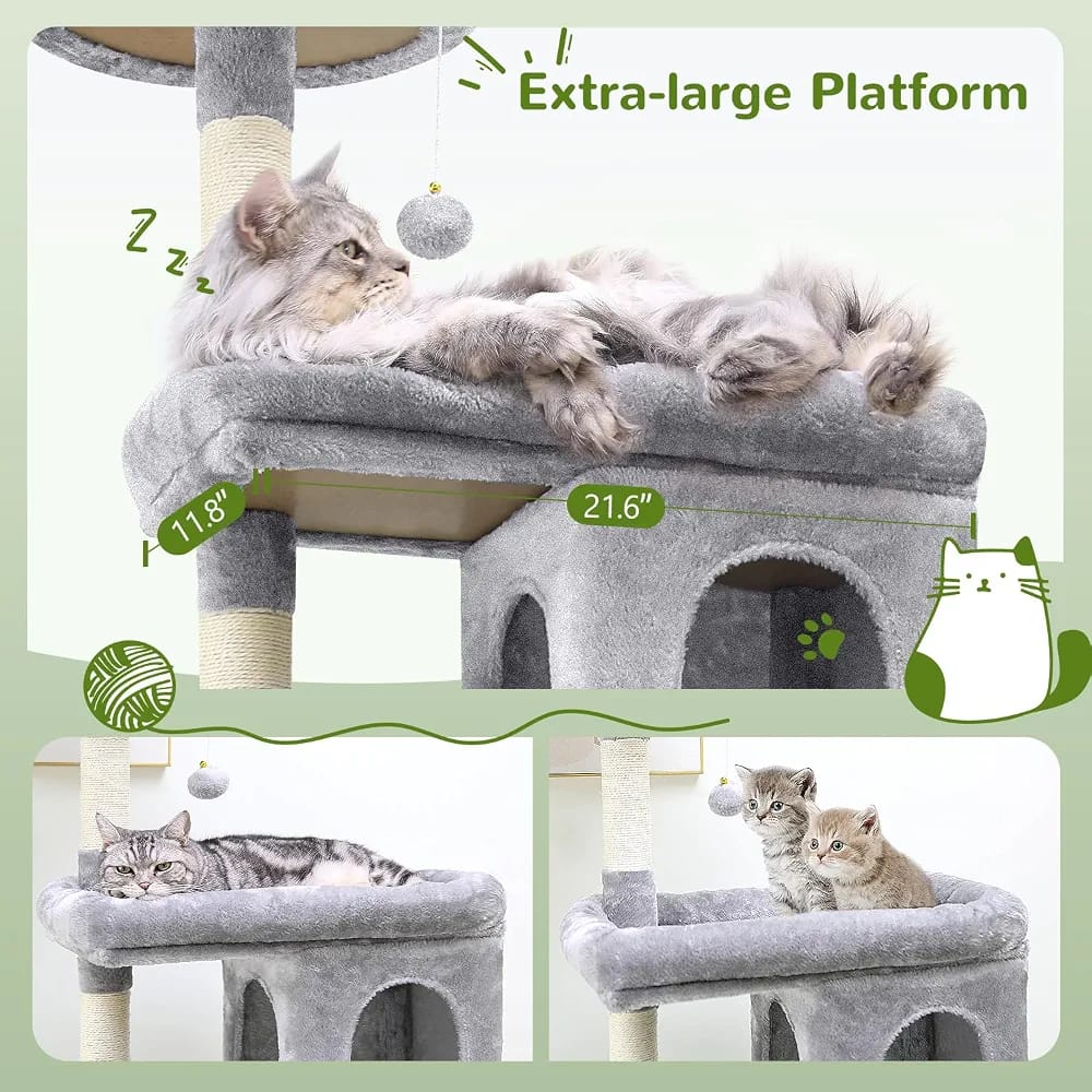 Grey Cat Tree Tower 182cm – Multi-Level Cat Condo with 2 Caves, Hammock & Scratching Posts