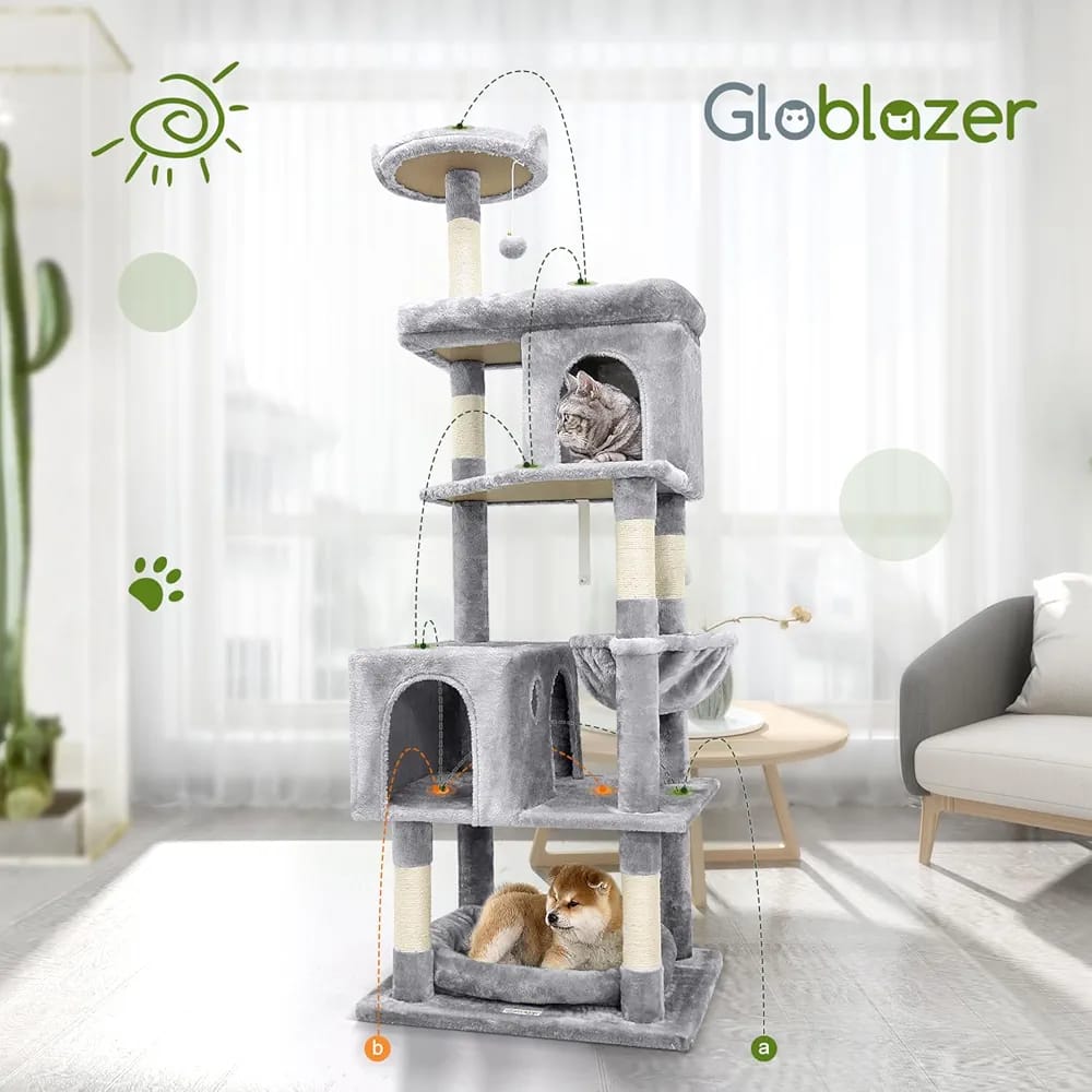 Grey Cat Tree Tower 182cm – Multi-Level Cat Condo with 2 Caves, Hammock & Scratching Posts